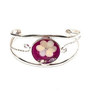 Vintage Alpaca Silver Pink Floral Mother of Pearl and Abalone Inlay Bracelet
